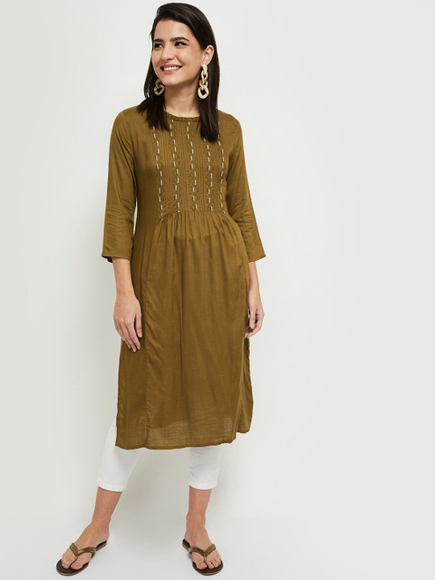 

max Women Olive Green Yoke Design Thread Work Kurta