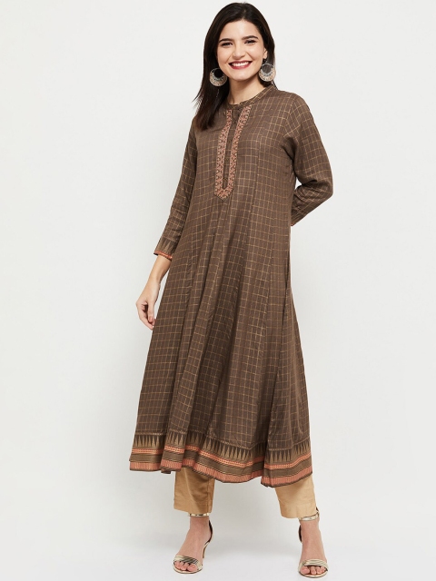 

max Women Taupe Checked Anarkali Kurta