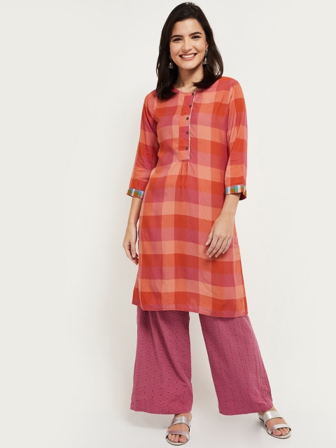 

max Women Coral Checked Kurta
