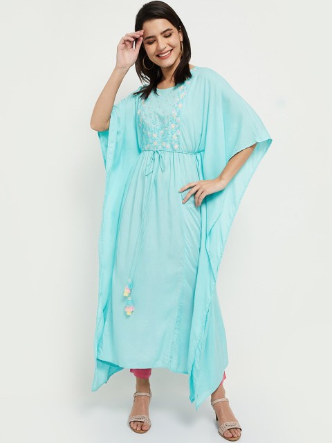 

max Women Blue Floral Embroidered Flared Sleeves Thread Work Kaftan Kurta