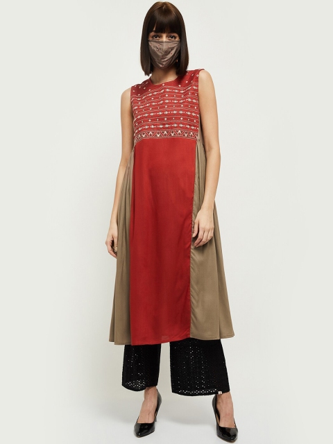 

max Women Red & Grey Colourblocked Thread Work A-line Kurta