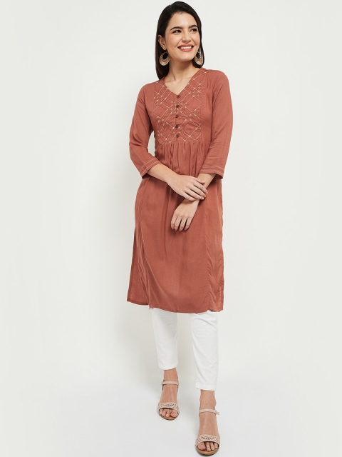 

max Women Rust Yoke Design Thread Work Kurta