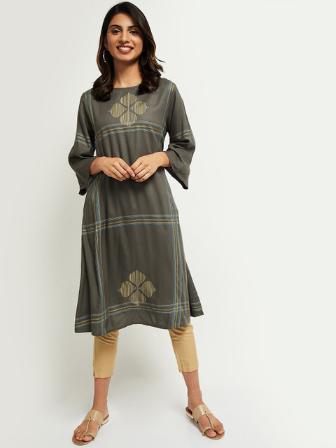 

max Women Grey Striped Kurta