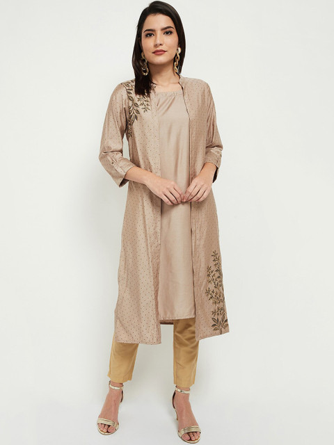 

max Women Grey Floral Printed Thread Work Kurta