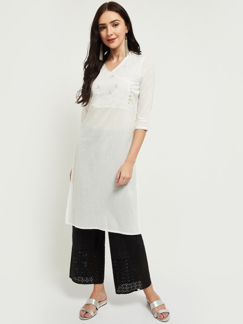 

max Women White Striped Thread Work Kurta