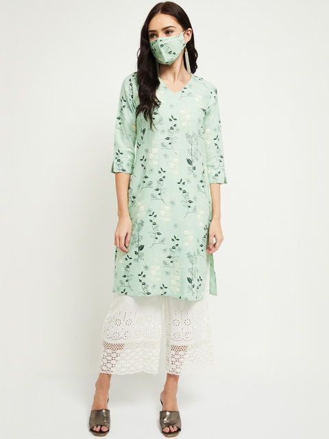 

max Women Green Floral Printed Kurta with Mask