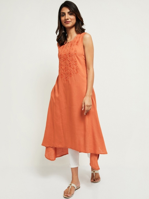 

max Women Peach-Coloured Yoke Design Thread Work Kurta