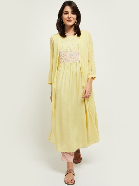 

max Women Yellow Floral Yoke Design Thread Work Kurta