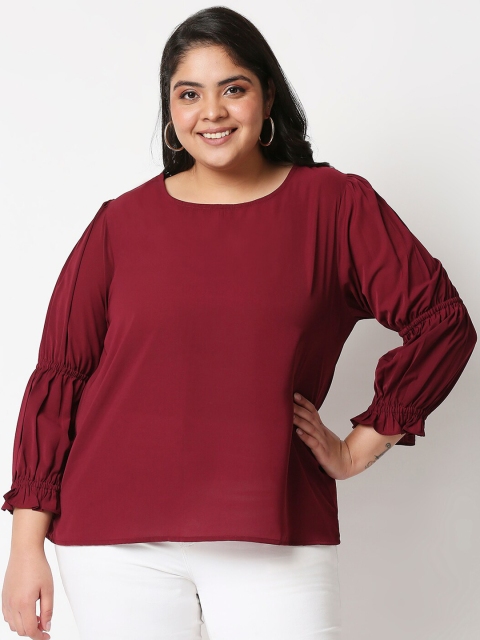 

20Dresses Plus Size Women Maroon Puff Sleeve Crepe Regular Top