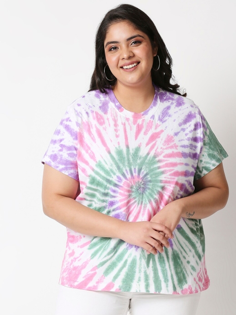 

20Dresses Plus Size Women White Tie and Dye Dyed Drop-Shoulder Sleeves Cotton T-shirt