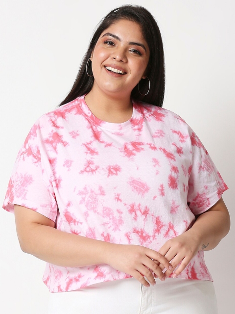 

20Dresses Plus Size Women White & Pink Tie and Dye Printed Drop-Shoulder Sleeves T-shirt