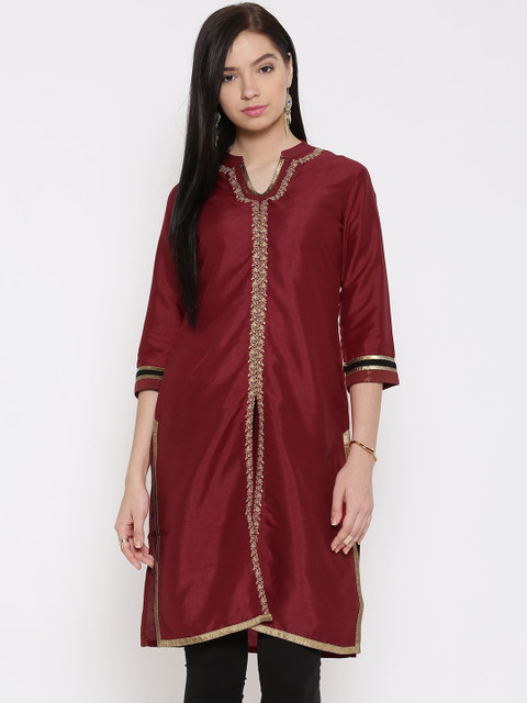 

Rangriti Women Maroon Embroidered Straight Kurta