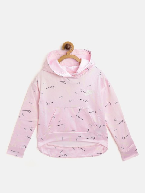 

Nike Girls Pink & Black Brand Logo Print Swooshfetti HI Low Hoodie Sweatshirt