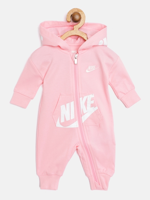 

Nike Boys Pink Hooded Brand Logo Printed French Terry Coveralls Bodysuits
