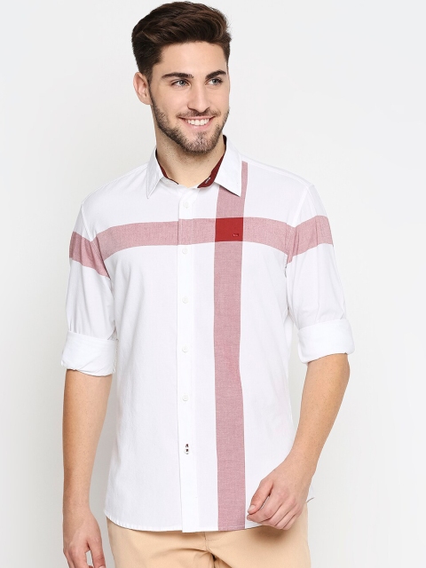 

Basics Men Red & White Pure Cotton Colourblocked Slim Fit Casual Shirt