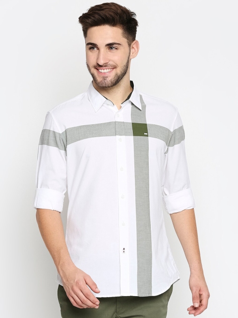 

Basics Men Green & White Pure Cotton Colourblocked Slim Fit Casual Shirt