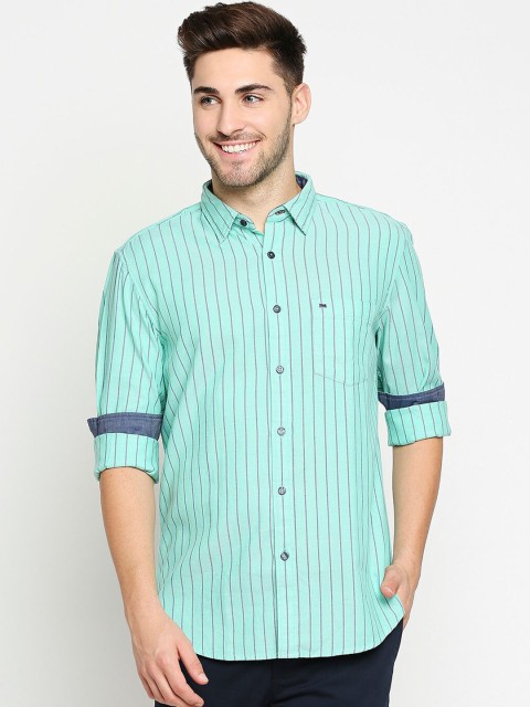 

Basics Men Sea Green & Grey Pure Cotton Slim Fit Striped Casual Shirt