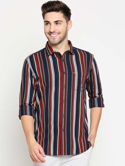 

Basics Men Maroon & Navy Blue Pure Cotton Slim Fit Vertical Striped Casual Shirt