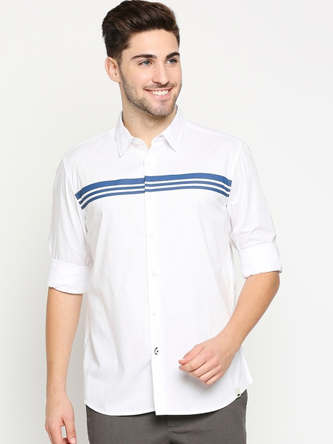 

Basics Men White & Blue Pure Cotton Slim Fit Striped Casual Shirt