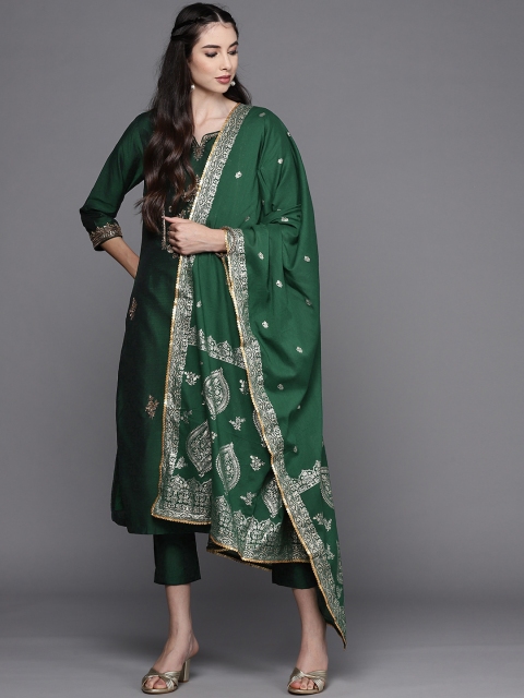 

Biba Women Green & Golden Ethnic Embroidered Regular Kurta with Trousers & Dupatta