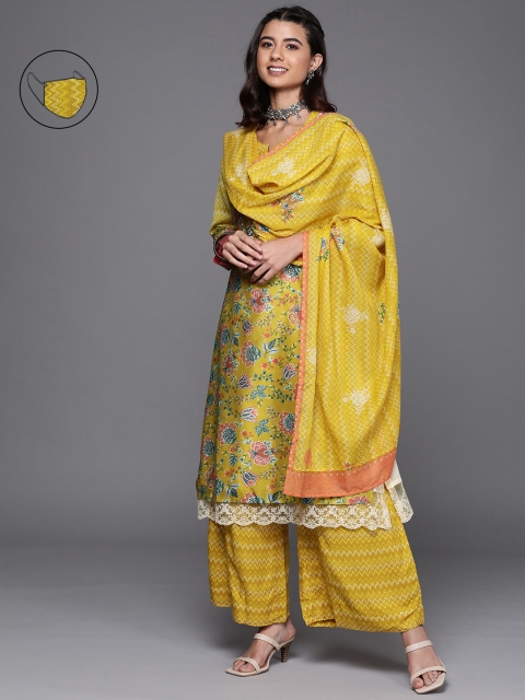 

Biba Women Yellow & Green Floral Printed Straight Kurta with Palazzos & Dupatta