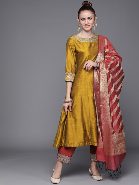 

Biba Women Mustard Yellow Ethnic Motifs Embroidered Panelled Sequinned Kurta with Trousers & With Dupatta