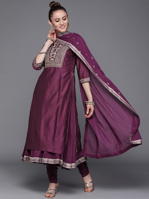 

Biba Women Purple Ethnic Motifs Embroidered Layered Zardozi Chanderi Silk Kurta with Churidar & With Dupatta