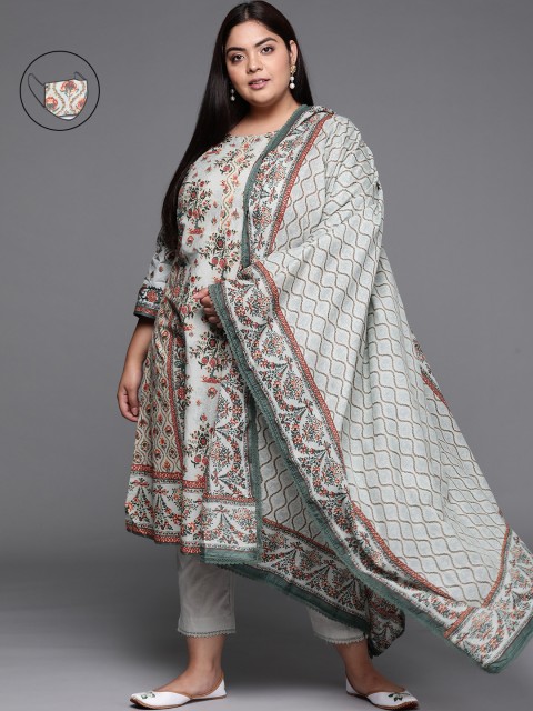 

Biba Women Green Printed Regular Pure Cotton Kurta with Palazzos & Dupatta