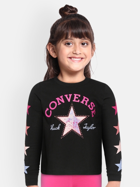 

Converse Girls Black Pink Brand Logo Heart Print Boxy Pure Cotton T-shirt