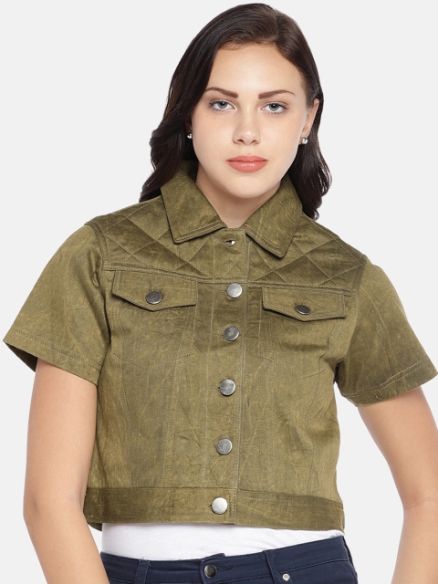 

MERLOT Women Olive Green Crop Denim Jacket