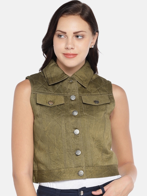 

MERLOT Women Olive Green Crop Denim Jacket