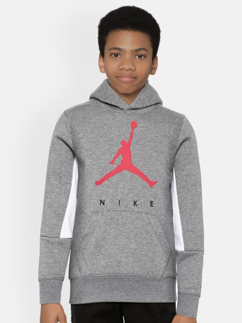

Jordan Boys Grey Melange & Red Printed Jumpman By Nike Hooded Sweatshirt