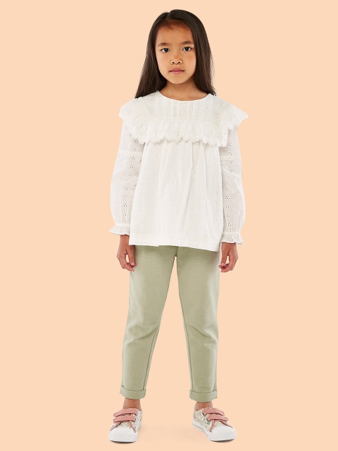

mothercare Girls White Solid Bishop Sleeves Cotton Schiffli Ruffles Top