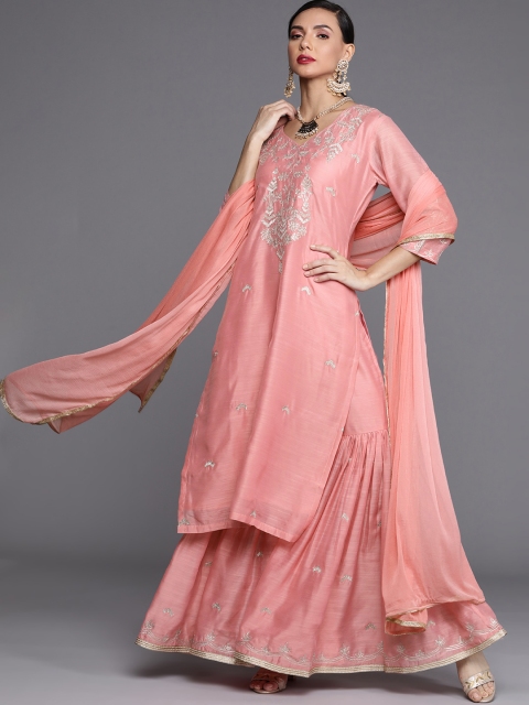 

Libas Women Pink Chanderi Silk Embroidered Regular Kurta with Sharara & Dupatta