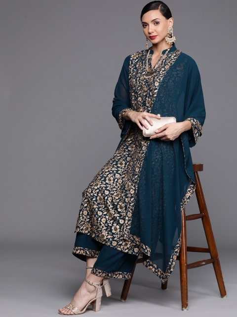 

Libas Women Teal Blue Embroidered Kurta with Palazzos & With Dupatta