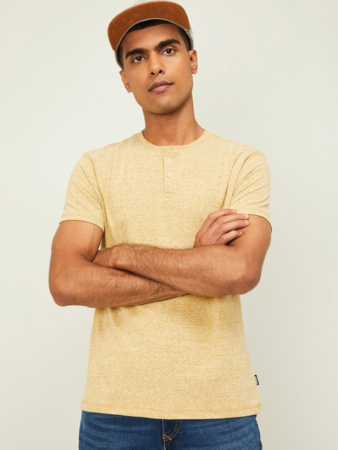 

Denimize by Fame Forever Men Mustard Yellow Henley Neck Slim Fit T-shirt