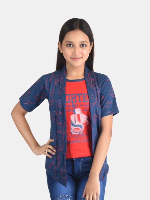 

Fabshio Girls Navy Blue & Orange Typography Printed T-shirt with Attached Shrug