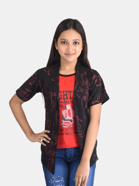 

Fabshio Girls Black & Orange Typography Printed T-shirt with Attached Shrug