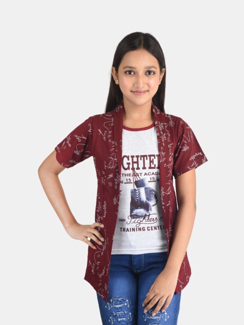

Fabshio Girls Maroon & White Typography Printed T-shirt with Attched Shrug