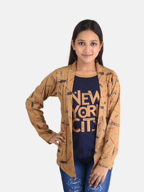 

Fabshio Girls Brown & Navy Blue Typography Printed T-shirt with Attached Shrug