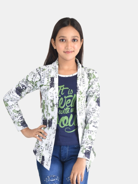 Fabshio Girls Green & Navy Blue Typography Printed T-shirt with Attached Shrug