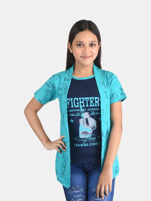 

Fabshio Girls Green & Navy Blue Typography Printed T-shirt with Attached Shrug