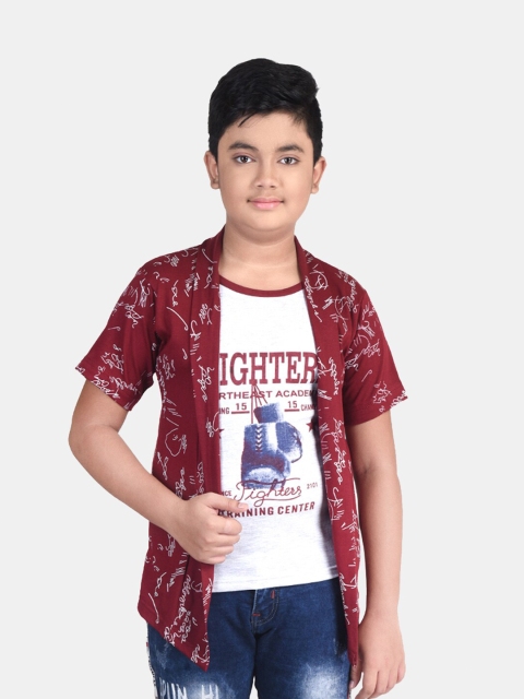 

Fabshio Boys Maroon & White Typography Printed T-shirt with Attached Shrug