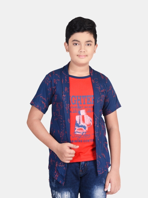 

Fabshio Boys Blue & Orange Typography Printed T-shirt with Attched Shrug