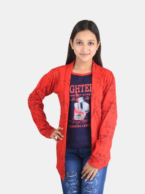 

Fabshio Girls Red & Navy Blue Typography Printed T-shirt with Attached Shrug
