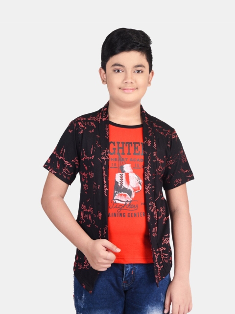 

Fabshio Boys Black Typography Printed T-shirt with Attached Shrug