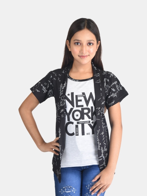 

Fabshio Girls Black Typography Printed T-shirt with Attached Shrug