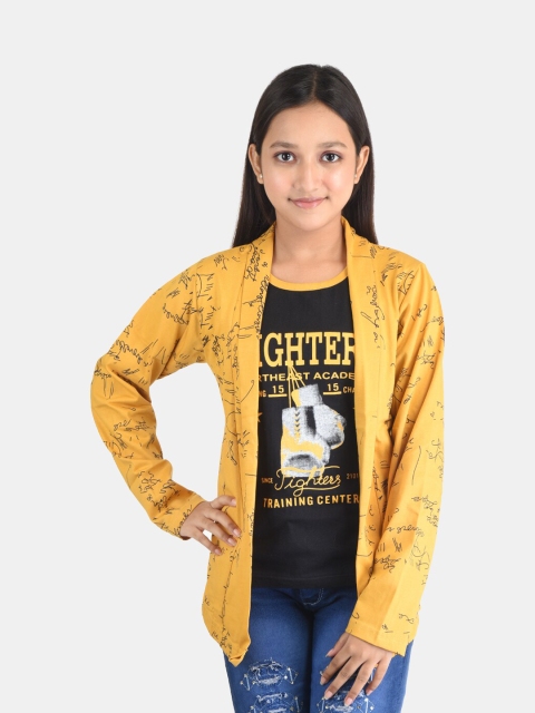 

Fabshio Girls Mustard Yellow & Navy Blue Typography Printed T-shirt with Attached Shrug