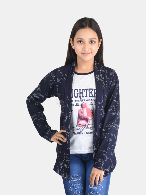 

Fabshio Girls Navy Blue & White Typography Printed T-shirt with Attached Shrug