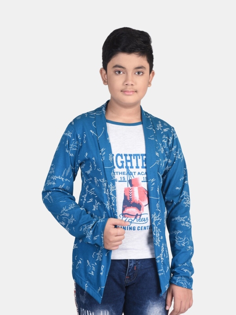 

Fabshio Boys Turquoise Blue & Off White Typography Printed T-shirt with Attached Shrug